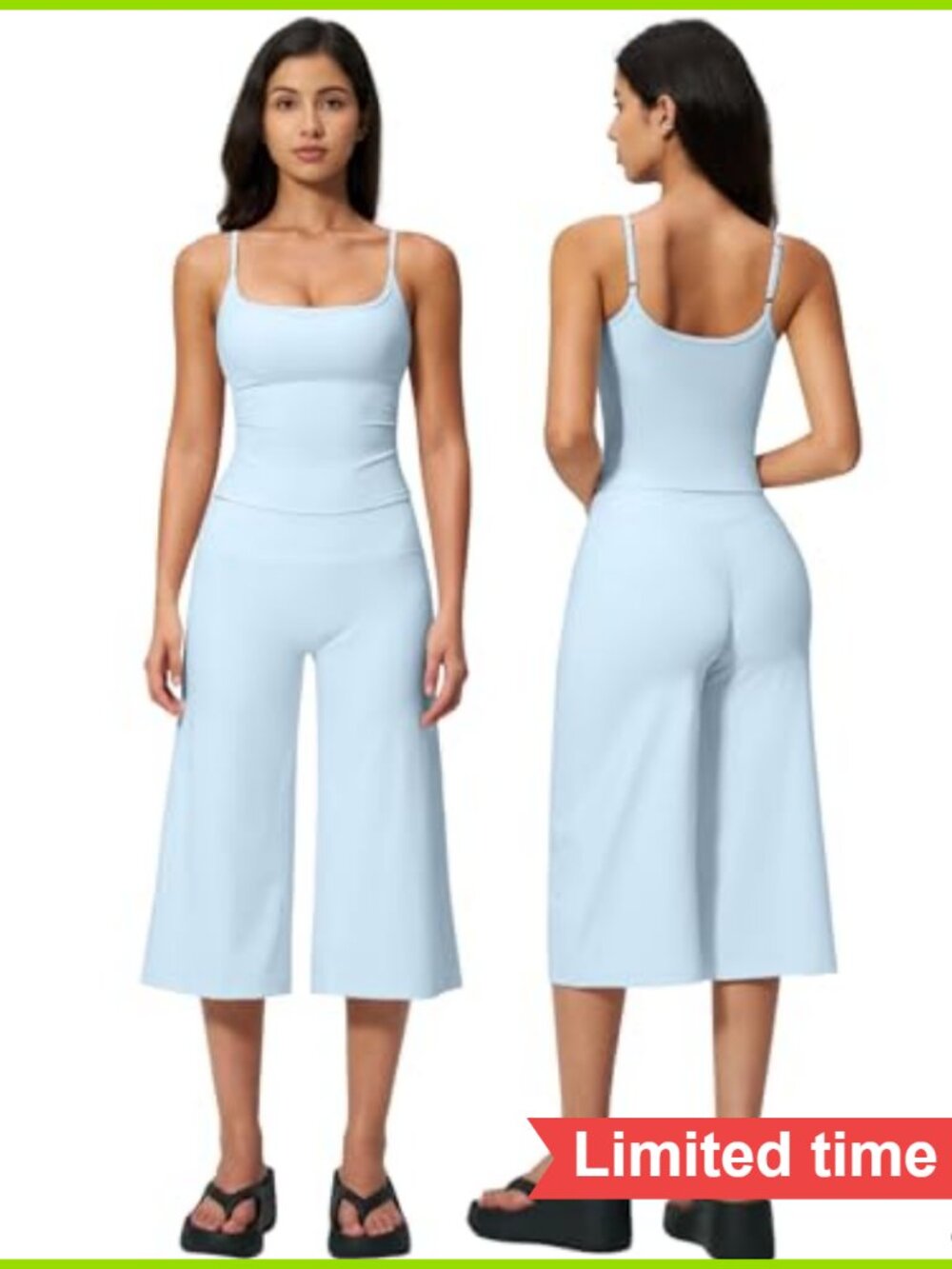 2 Pc Women's Workout Set Spaghetti Strap Crop Top Wide Leg Capri Pants
